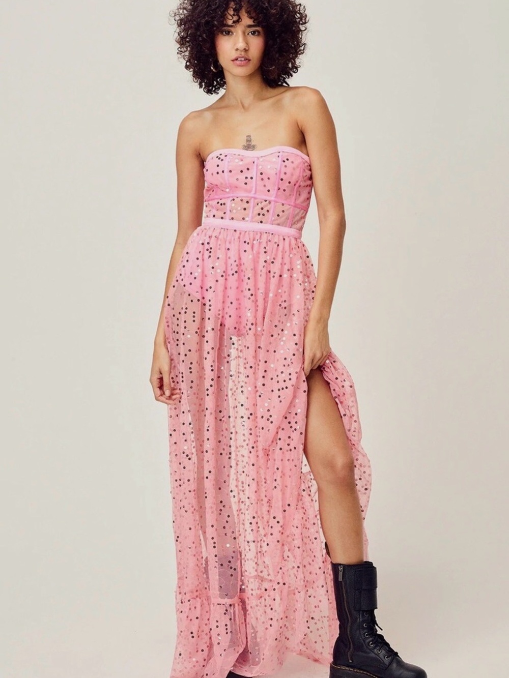 For Love & Lemons Pink Floral Tulle Corset Maxi Dress Size XXS NWT